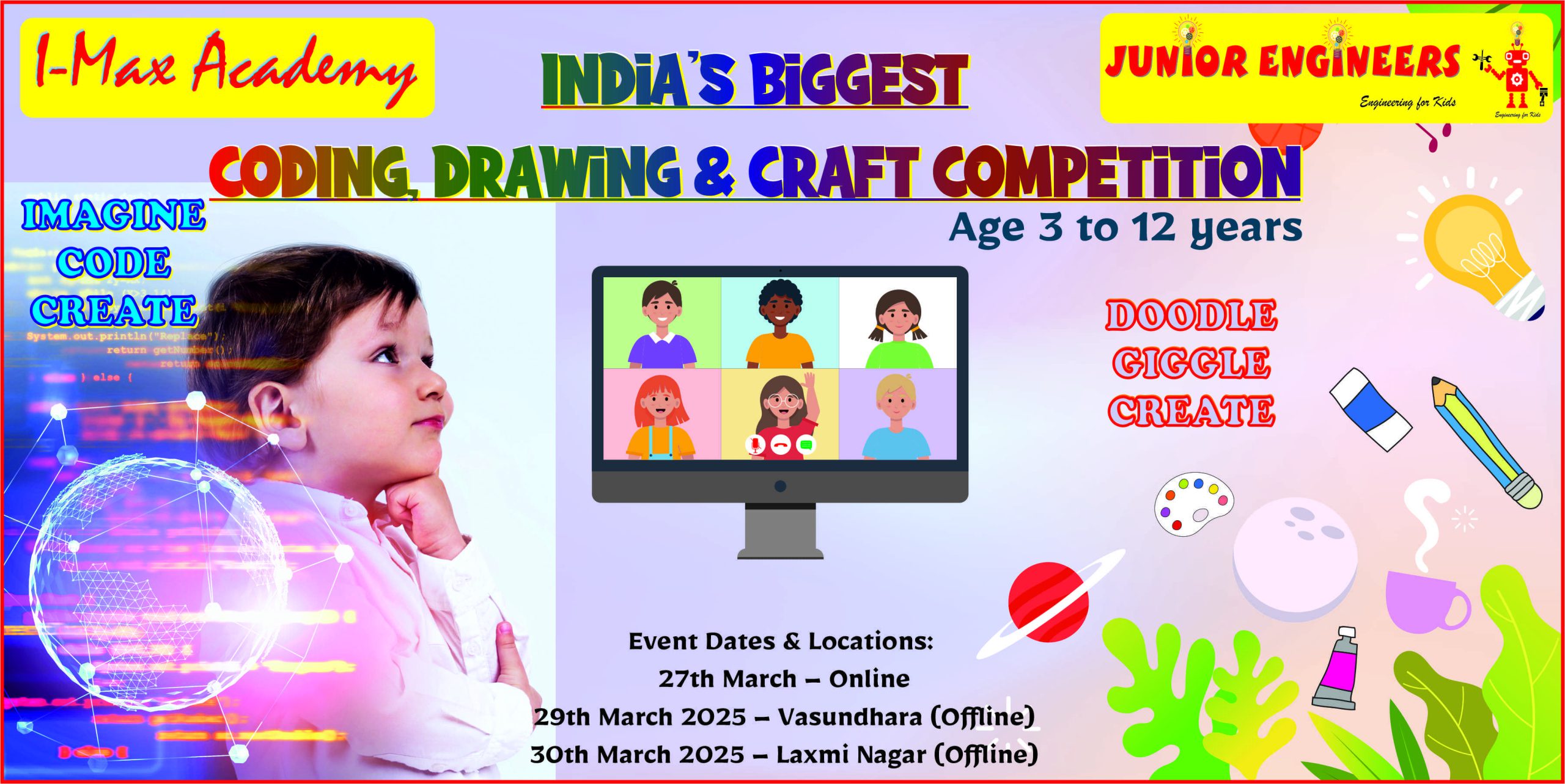 Kids participating in a fun and engaging Drawing, Craft & Coding Competition organized by Junior Engineers. Young artists and coders showcasing their creativity and skills in an exciting event.