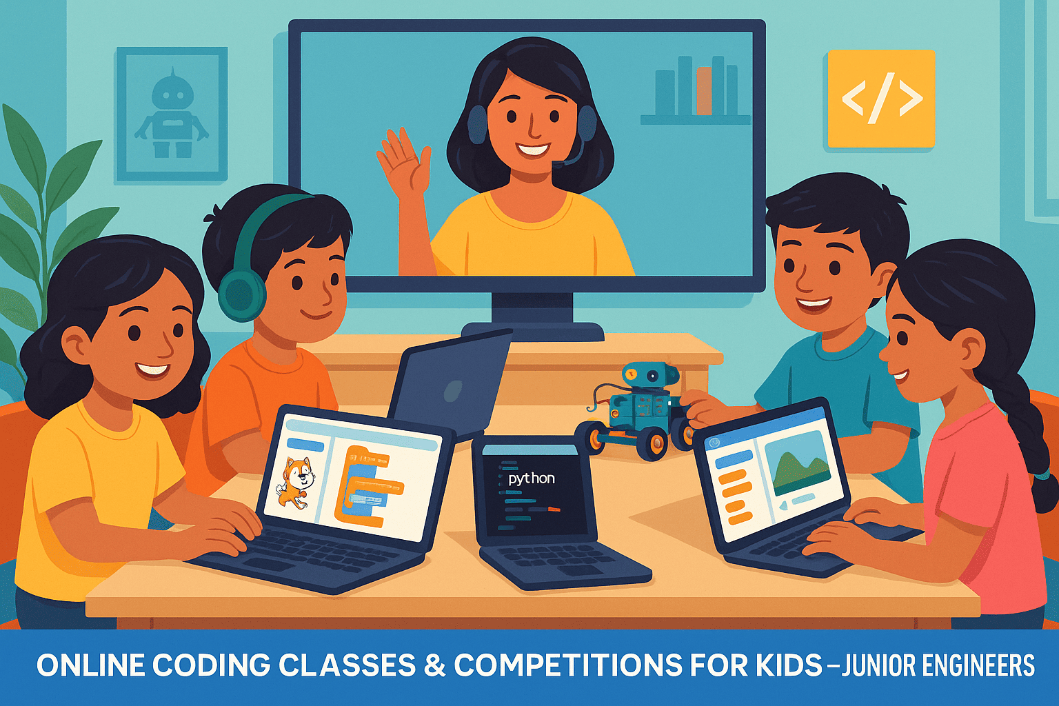 Online coding classes for kids in India with Scratch, Python, robotics, live teachers, certificates, competitions