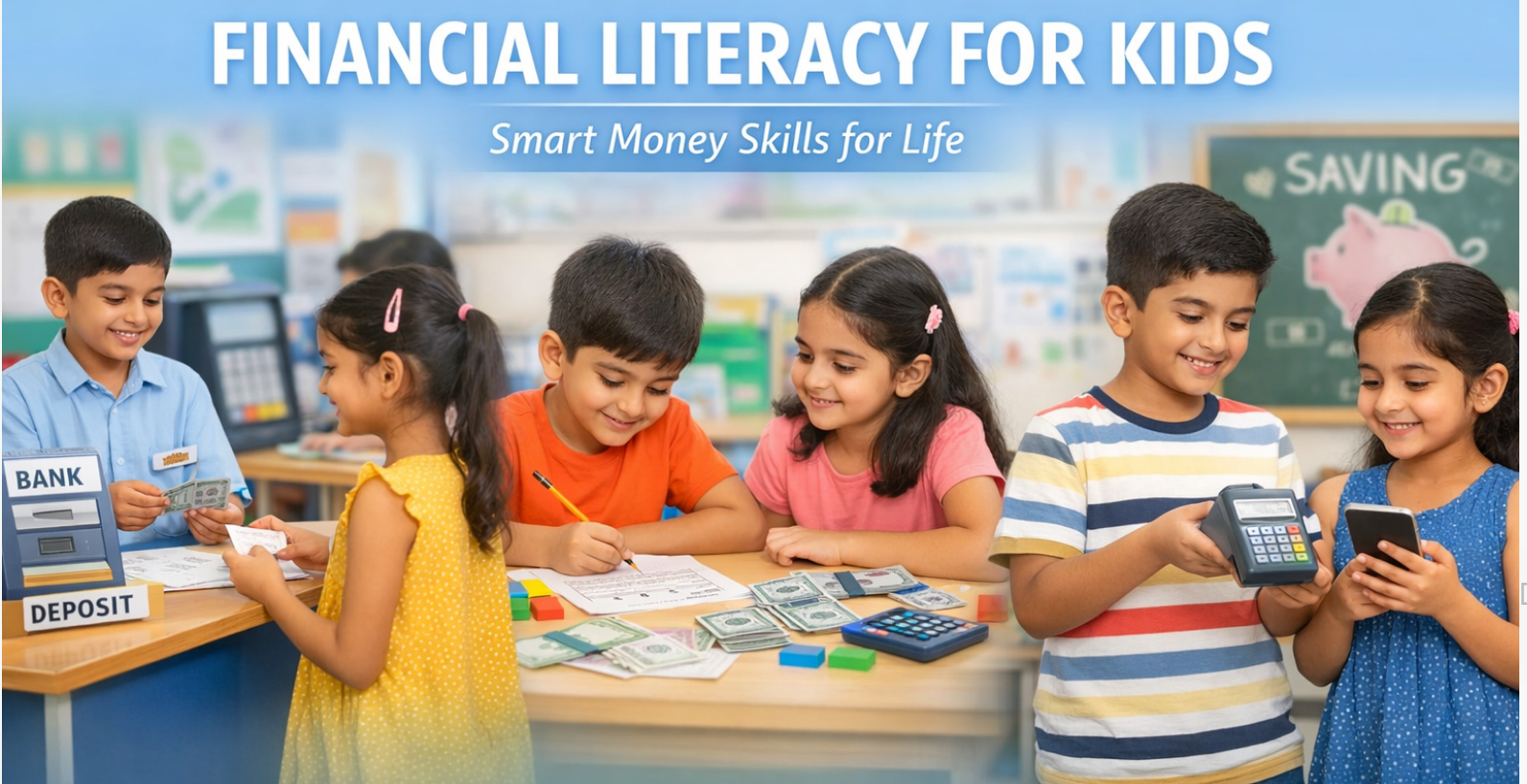Indian school children learning financial literacy through banking, saving, budgeting, and digital payment activities in a classroom.