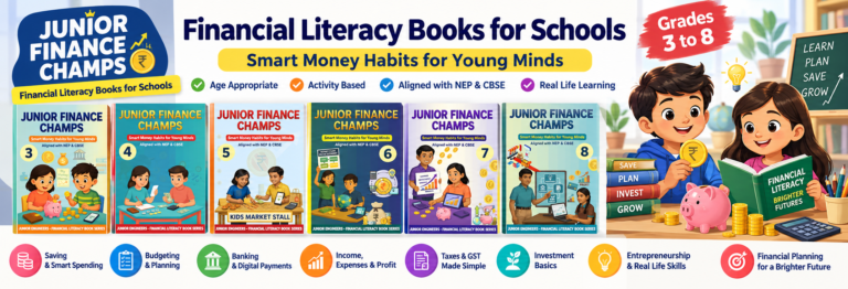 Financial Literacy Books for Schools in India, Junior Finance Champs for Grades 3 to 8 covering saving, budgeting, banking, digital payments, GST, investment and entrepreneurship