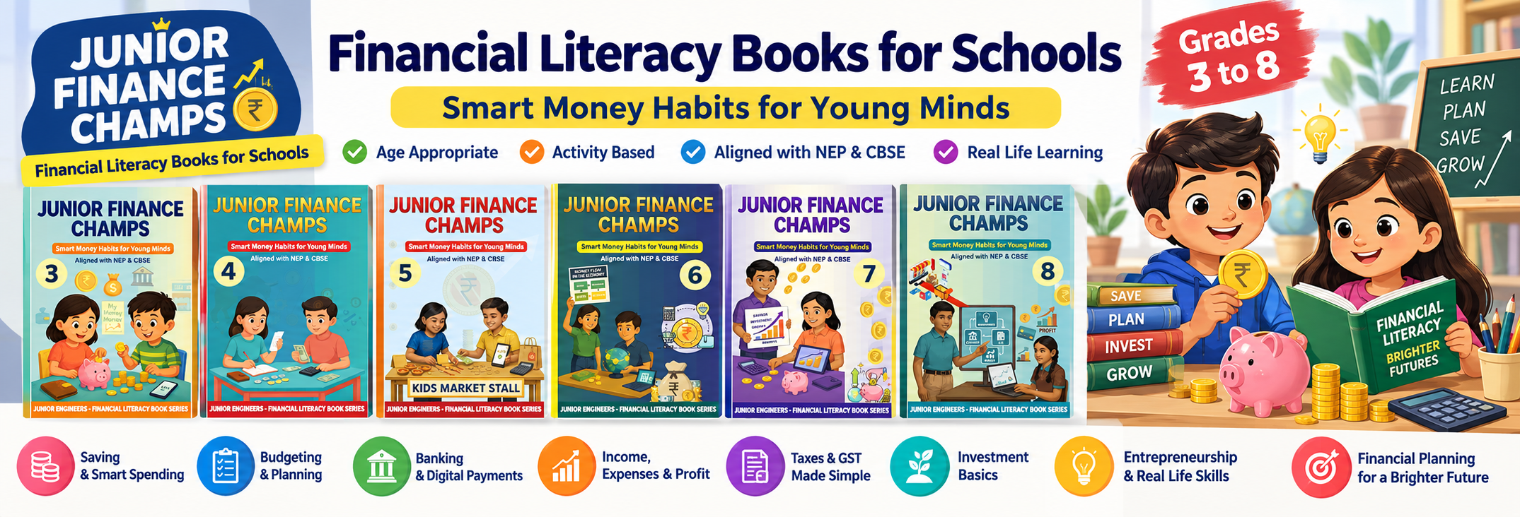 Financial Literacy Books for Schools in India, Junior Finance Champs for Grades 3 to 8 covering saving, budgeting, banking, digital payments, GST, investment and entrepreneurship