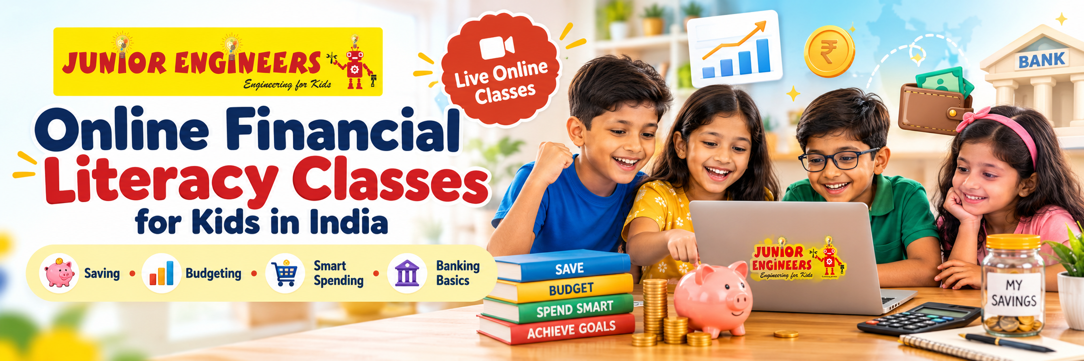 Children learning money management, saving and budgeting through Junior Engineers online financial literacy classes