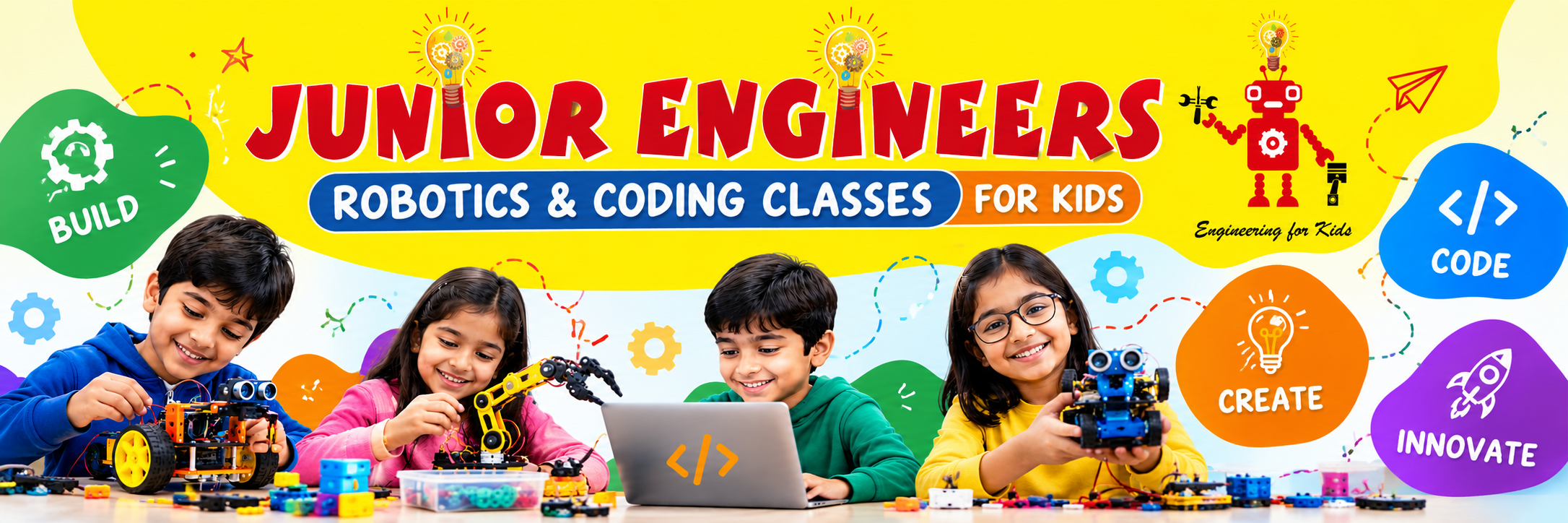 Children learning robotics and coding through hands-on projects at Junior Engineers in Delhi NCR