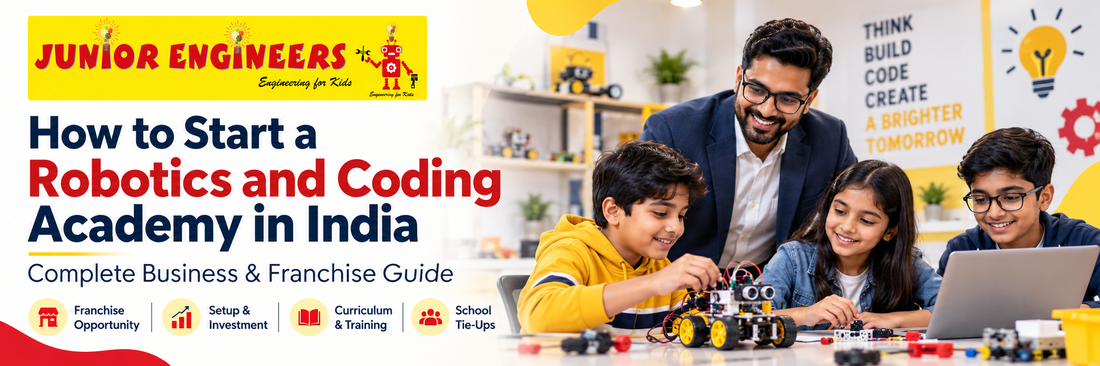 Junior Engineers Robotics and Coding Academy franchise in India featuring an instructor guiding children through hands-on robotics, coding, STEM projects and technology learning.